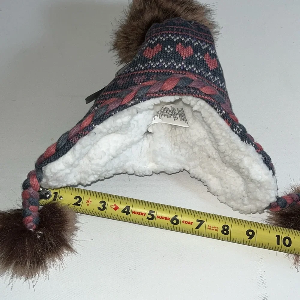 Baby Girl Infant hat with fur trim sherpa lining and 2 mittens gloves heart set
